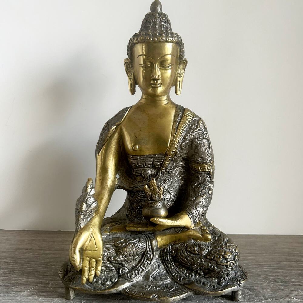Buddha Cast Metal 9” Brass and Bronze Buddhism Spiritual Medicine Healing Statue